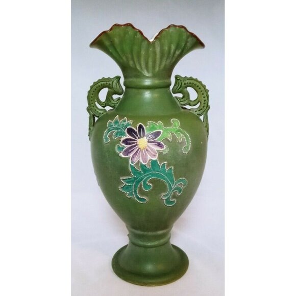 NEEDS SIZE   Japanese Nippon Raised Moriage Vase With Lizard Handles Floral Desi - Picture 2 of 10
